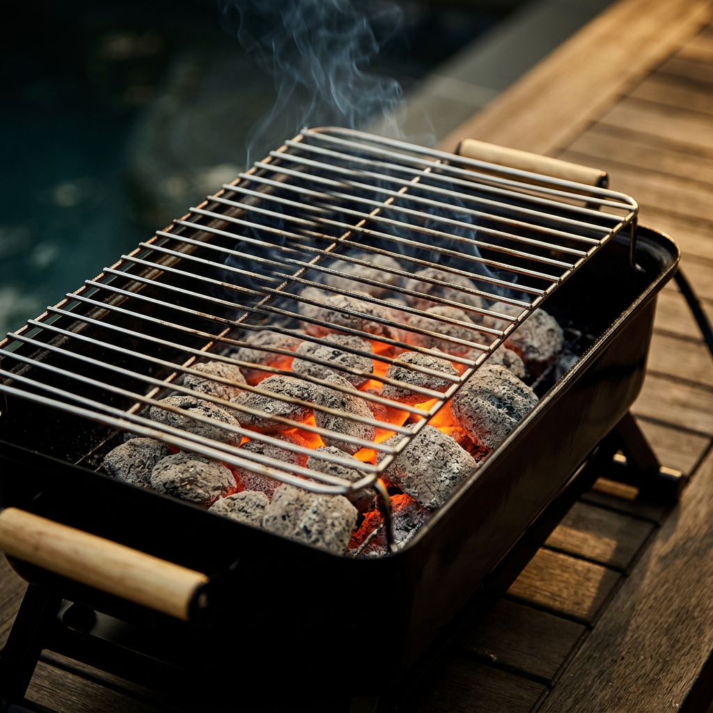 Glowing charcoal briquettes igniting evenly inside the Quick Start Grill