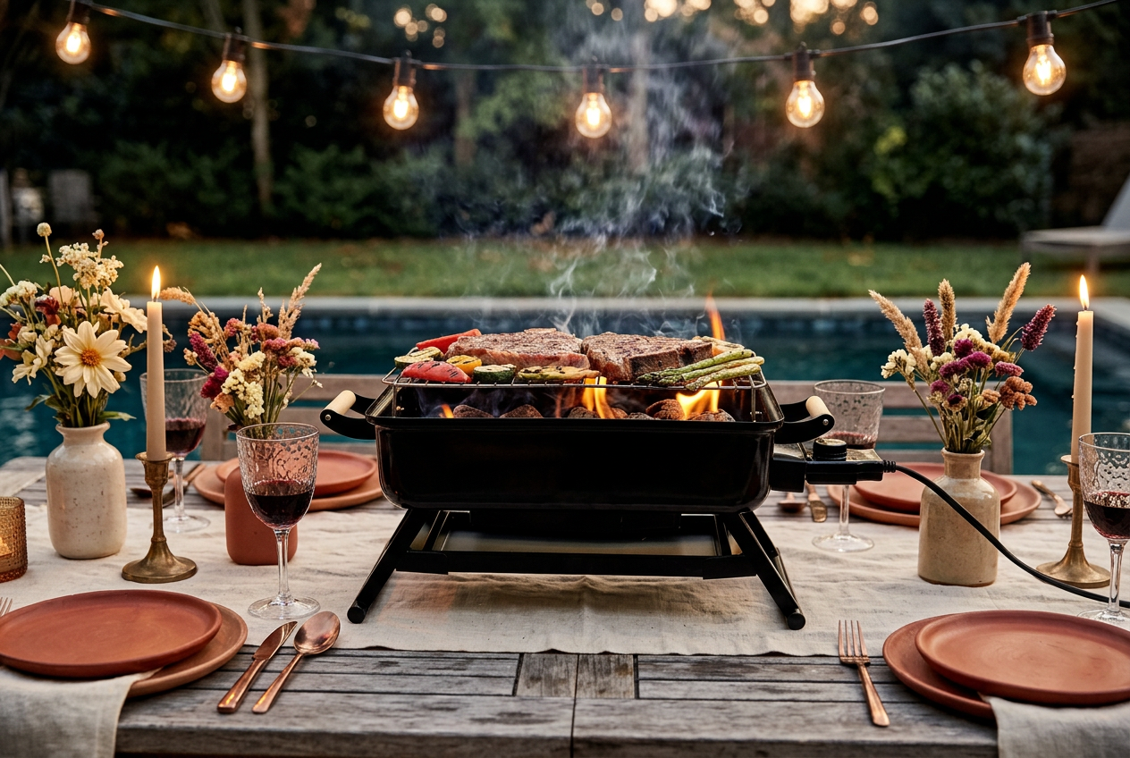 A beautifully styled dining table set for an intimate grilled dinner
