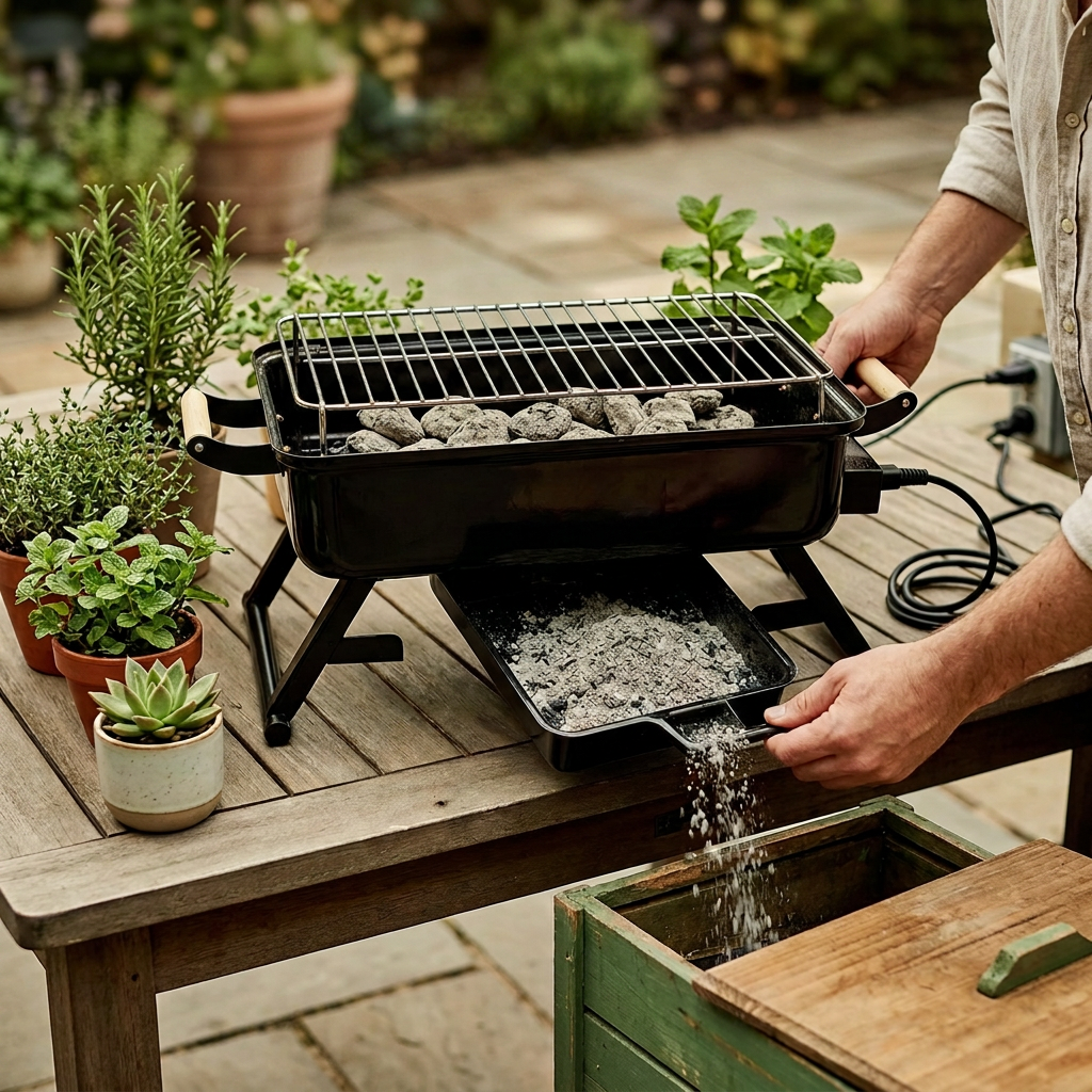 The Quick Start Grill's slide-out ash tray being emptied beside a potted plant, showing easy cleanup