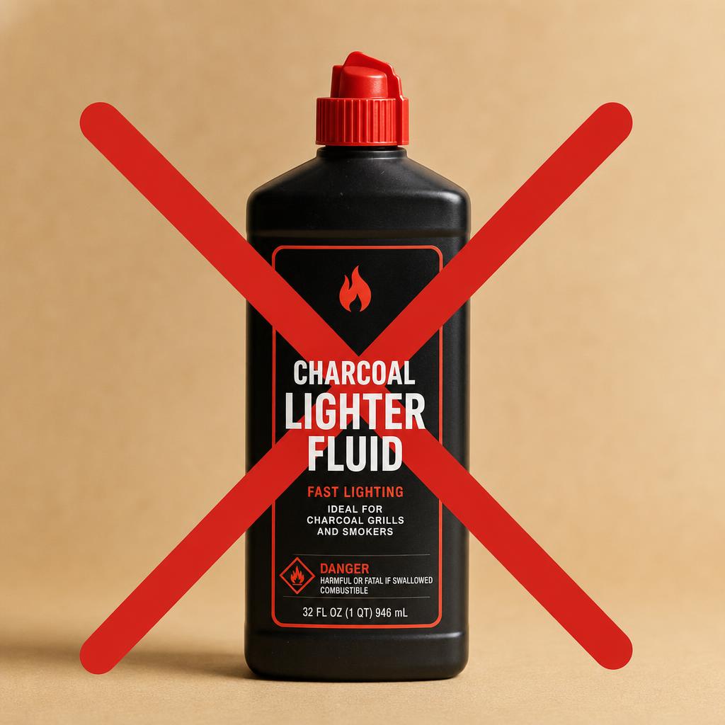 A bottle of lighter fluid with a bold red X across it, showing the Quick Start Grill needs no lighter fluid